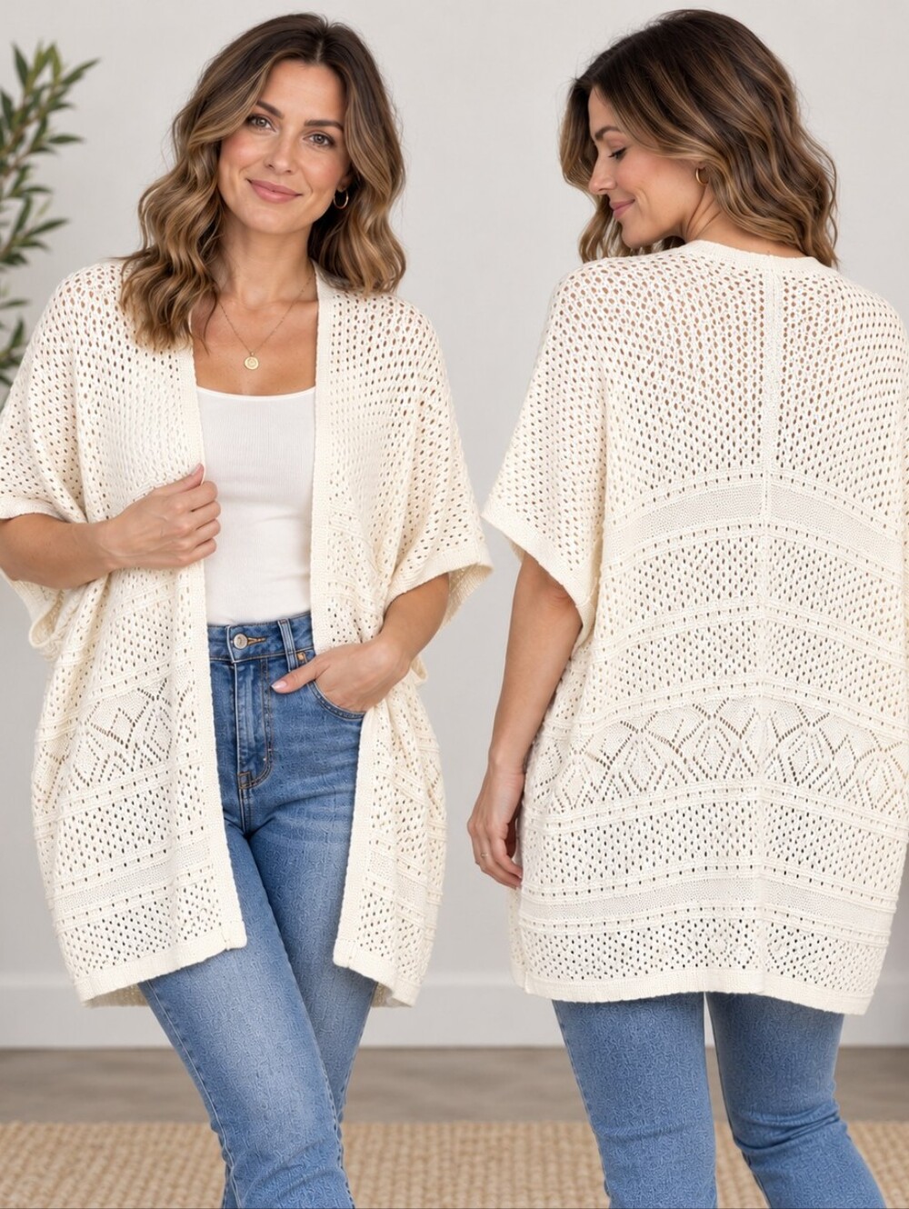 Sadie & Sage Ivory Open Knit Kimono Cardigan Size M Boho Coastal Grandmother Cot